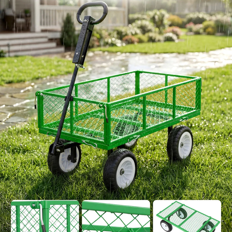 VEVOR dārza rati ar sēdekli, nestspēja līdz 408,2 kg, smagas slodzes tērauda dārza rati ar 254 mm riteņiem, regulējams rokturis, noņemami sānu paneļi, pievienojami ATV vai traktoram, zaļā krāsa - ZEMLETES.LV