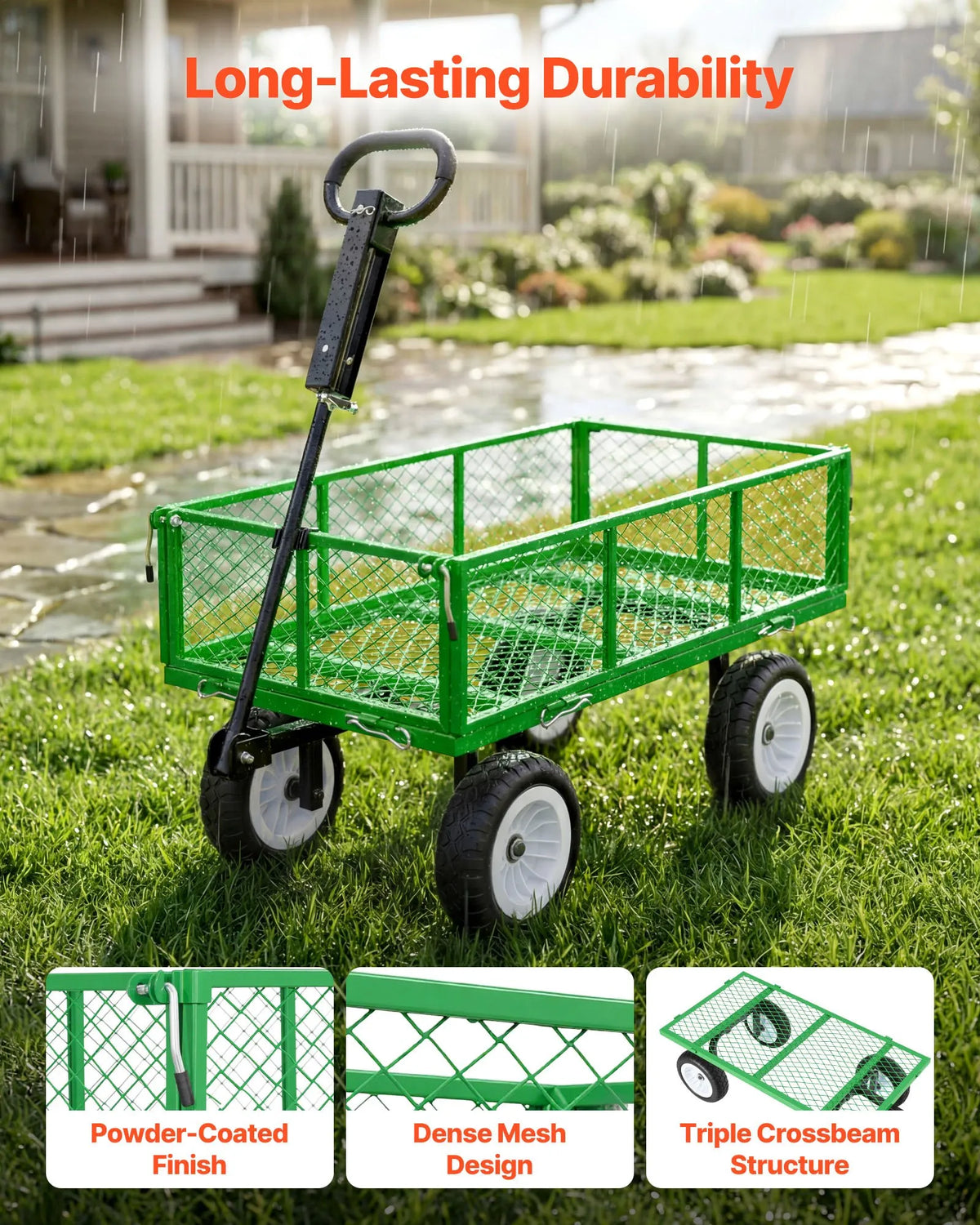 VEVOR dārza rati ar sēdekli, nestspēja līdz 408,2 kg, smagas slodzes tērauda dārza rati ar 254 mm riteņiem, regulējams rokturis, noņemami sānu paneļi, pievienojami ATV vai traktoram, zaļā krāsa - ZEMLETES.LV