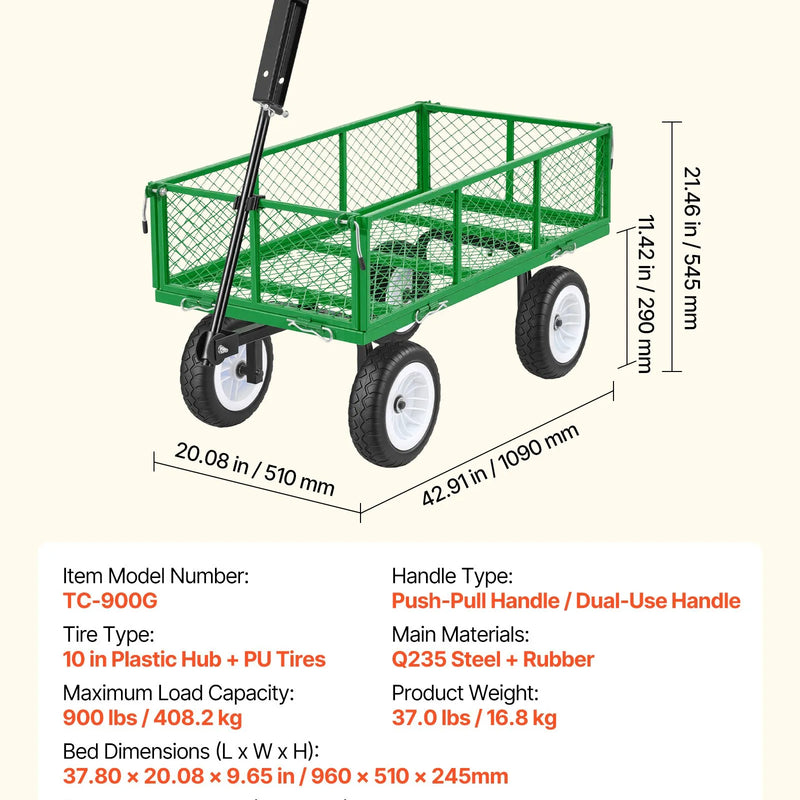VEVOR dārza rati ar sēdekli, nestspēja līdz 408,2 kg, smagas slodzes tērauda dārza rati ar 254 mm riteņiem, regulējams rokturis, noņemami sānu paneļi, pievienojami ATV vai traktoram, zaļā krāsa - ZEMLETES.LV