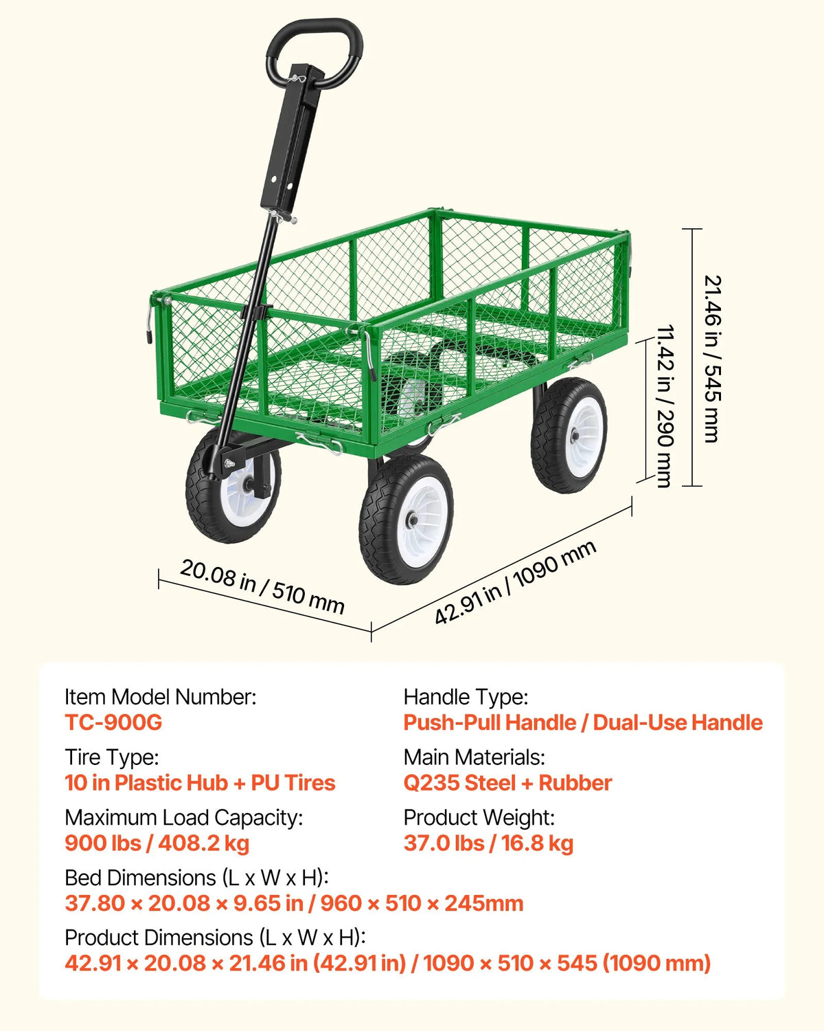 VEVOR dārza rati ar sēdekli, nestspēja līdz 408,2 kg, smagas slodzes tērauda dārza rati ar 254 mm riteņiem, regulējams rokturis, noņemami sānu paneļi, pievienojami ATV vai traktoram, zaļā krāsa - ZEMLETES.LV