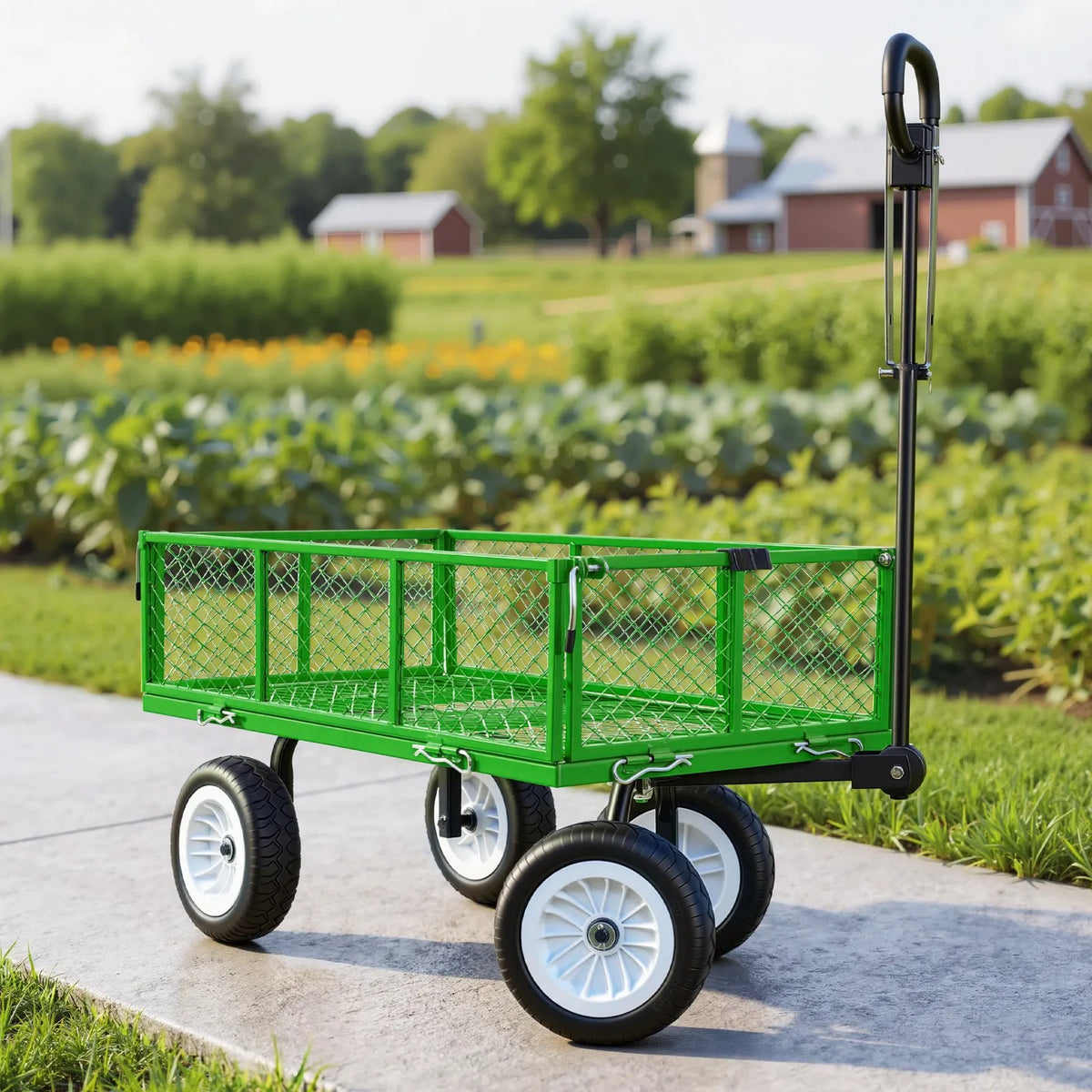 VEVOR dārza rati ar sēdekli, nestspēja līdz 408,2 kg, smagas slodzes tērauda dārza rati ar 254 mm riteņiem, regulējams rokturis, noņemami sānu paneļi, pievienojami ATV vai traktoram, zaļā krāsa - ZEMLETES.LV