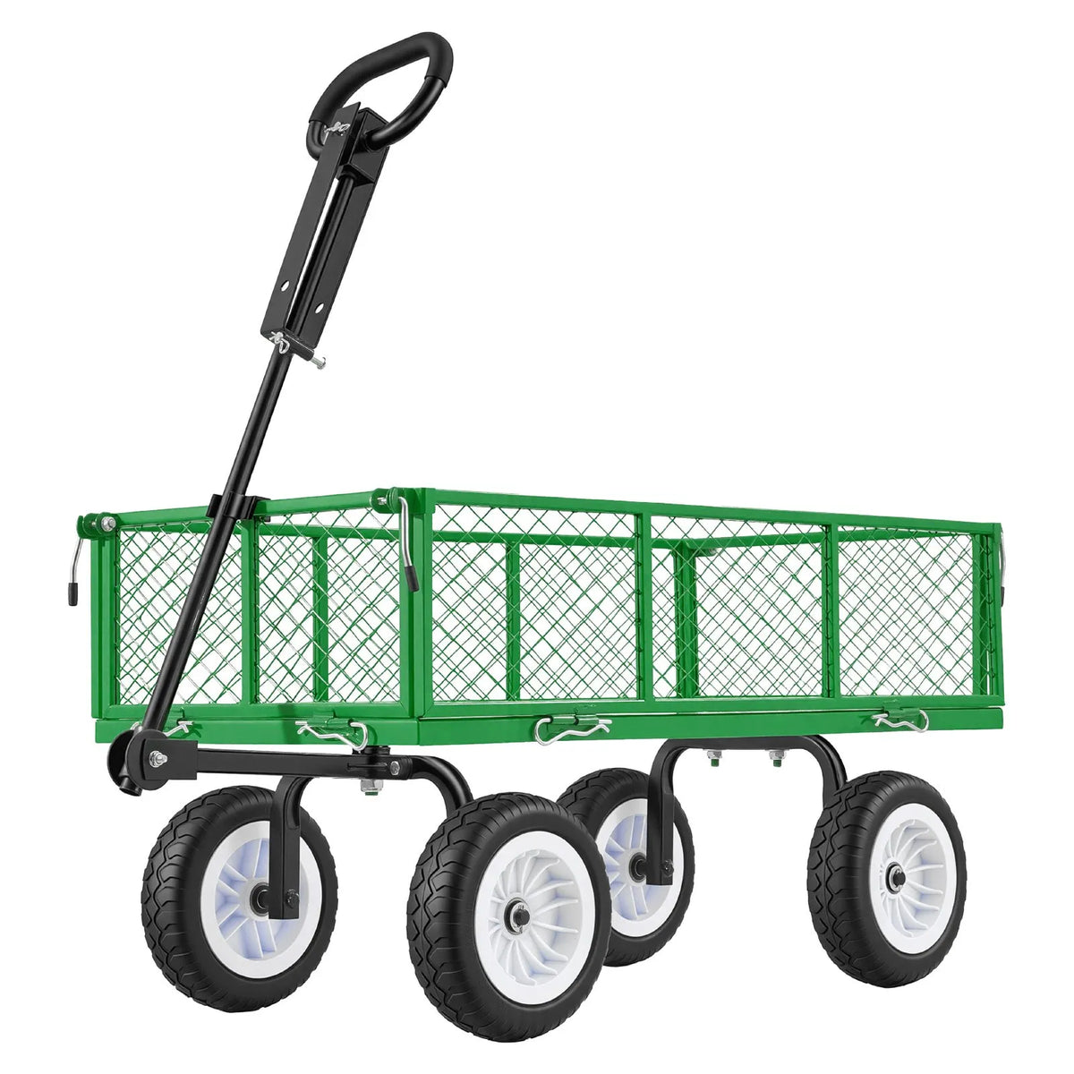 VEVOR dārza rati ar sēdekli, nestspēja līdz 408,2 kg, smagas slodzes tērauda dārza rati ar 254 mm riteņiem, regulējams rokturis, noņemami sānu paneļi, pievienojami ATV vai traktoram, zaļā krāsa - ZEMLETES.LV