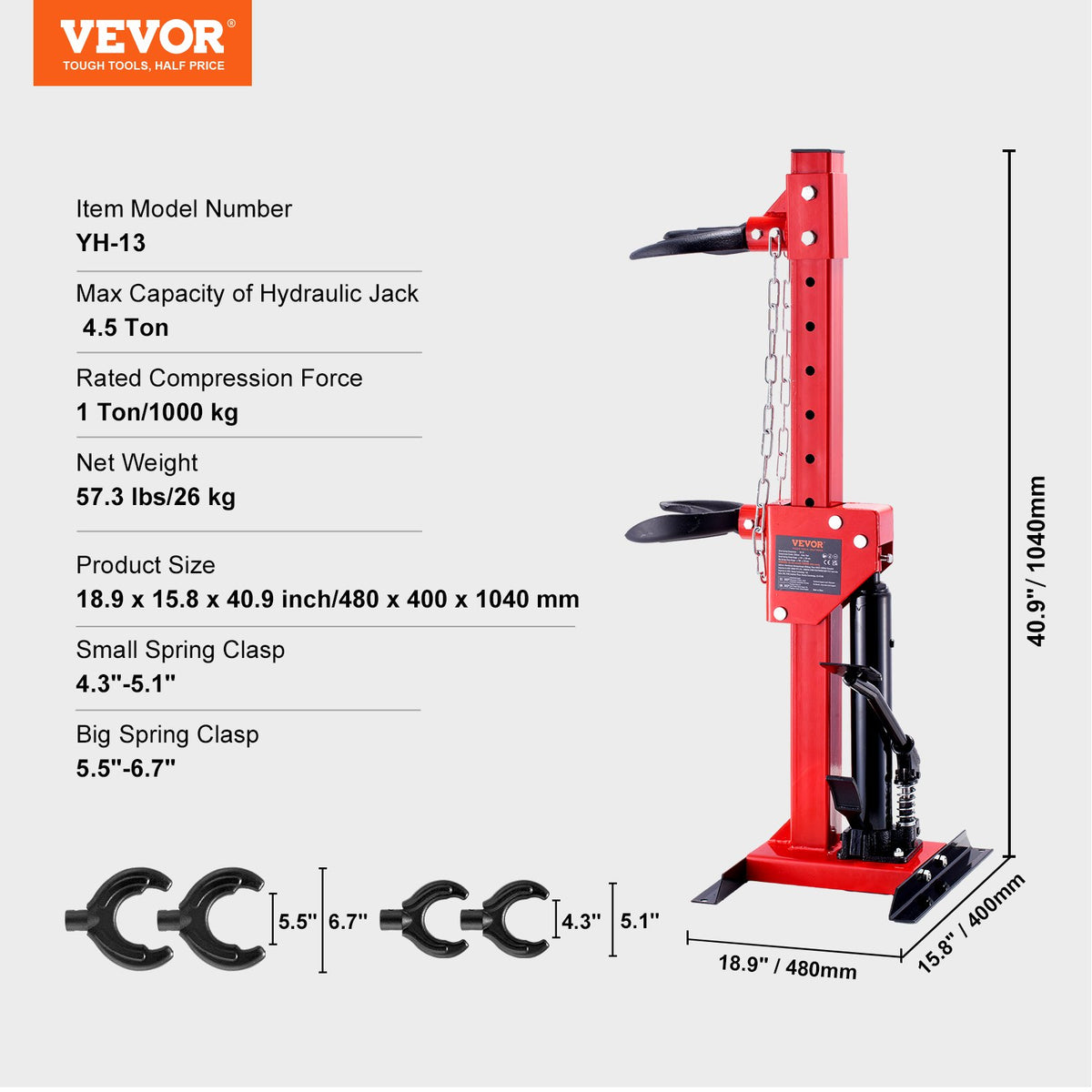 VEVOR Spring Compressor for Vehicle Suspension, 4.5 t Hydraulic Jack Capacity, 1 Tonne Nominal Compression Force, Coil Spring Compressor Tool for Car Suspension, Hydraulic Spring Compressor for Suspension Spring Removal
