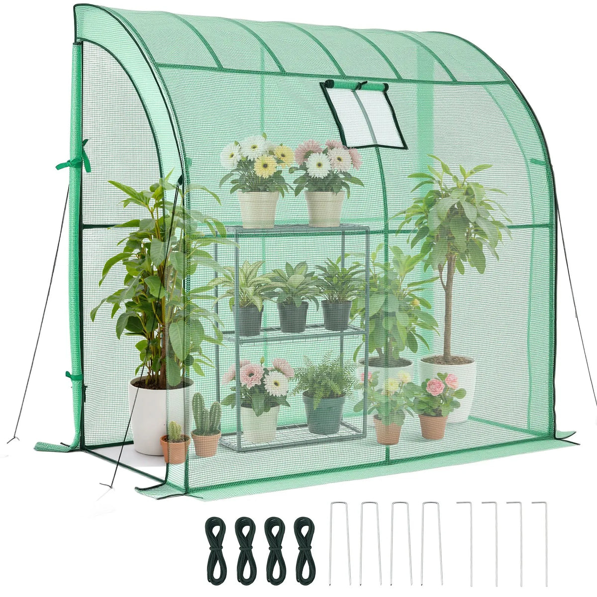 VEVOR ieejama siltumnīca 198 x 100 x 200 cm ar logu, PE pārklājums, 3 līmeņu plaukts, rullējamas durvis ar rāvējslēdzēju, pārnēsājama dārza siltumnīca augiem, āra lietošanai - ZEMLETES.LV
