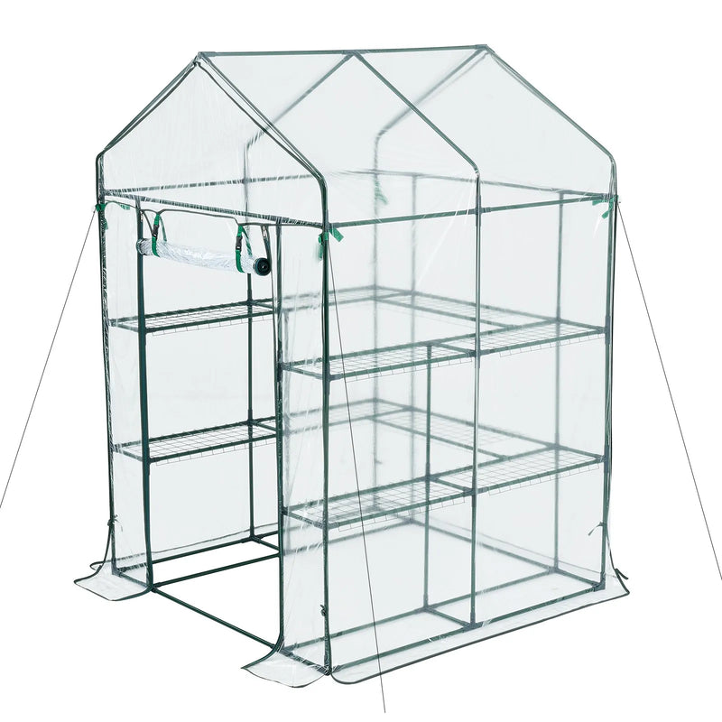 VEVOR ieejama siltumnīca 137 x 137 x 196 cm ar PVC pārklājumu, 2 līmeņi ar 10 plauktiem, rullējamas durvis ar rāvējslēdzēju, pārnēsājama dārza siltumnīca augiem, āra lietošanai - ZEMLETES.LV