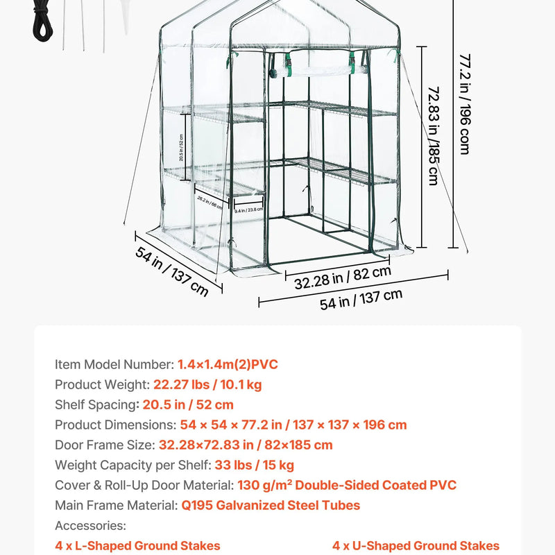 VEVOR ieejama siltumnīca 137 x 137 x 196 cm ar PVC pārklājumu, 2 līmeņi ar 10 plauktiem, rullējamas durvis ar rāvējslēdzēju, pārnēsājama dārza siltumnīca augiem, āra lietošanai - ZEMLETES.LV