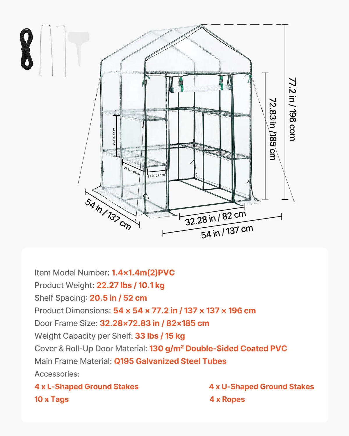 VEVOR ieejama siltumnīca 137 x 137 x 196 cm ar PVC pārklājumu, 2 līmeņi ar 10 plauktiem, rullējamas durvis ar rāvējslēdzēju, pārnēsājama dārza siltumnīca augiem, āra lietošanai - ZEMLETES.LV