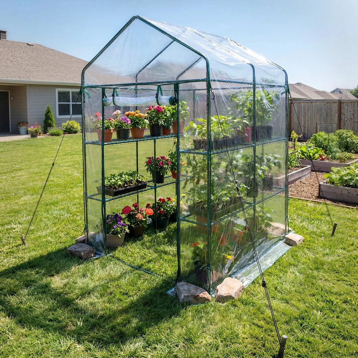 VEVOR ieejama siltumnīca 137 x 137 x 196 cm ar PVC pārklājumu, 2 līmeņi ar 10 plauktiem, rullējamas durvis ar rāvējslēdzēju, pārnēsājama dārza siltumnīca augiem, āra lietošanai - ZEMLETES.LV