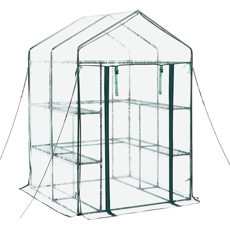 VEVOR ieejama siltumnīca 137 x 137 x 196 cm ar PVC pārklājumu, 2 līmeņi ar 10 plauktiem, rullējamas durvis ar rāvējslēdzēju, pārnēsājama dārza siltumnīca augiem, āra lietošanai - ZEMLETES.LV