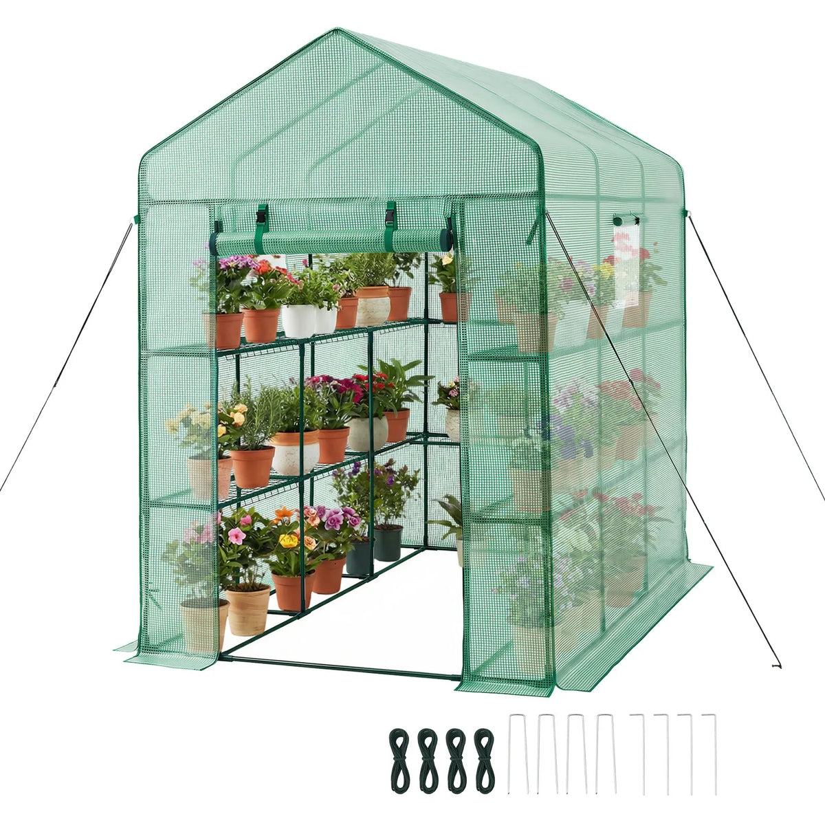VEVOR ieejama siltumnīca 137 x 206 x 196 cm ar logiem, PE pārklājums, 2 līmeņi ar 14 plauktiem, rullējamas durvis ar rāvējslēdzēju, pārnēsājama dārza siltumnīca augiem, āra lietošanai - ZEMLETES.LV