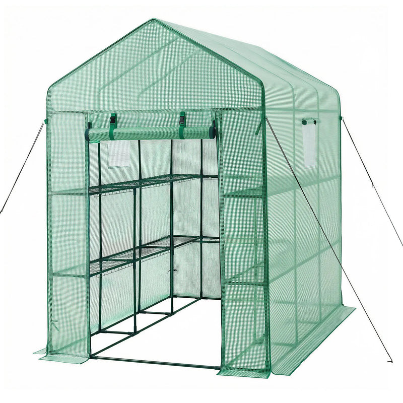 VEVOR ieejama siltumnīca 137 x 206 x 196 cm ar logiem, PE pārklājums, 2 līmeņi ar 14 plauktiem, rullējamas durvis ar rāvējslēdzēju, pārnēsājama dārza siltumnīca augiem, āra lietošanai - ZEMLETES.LV