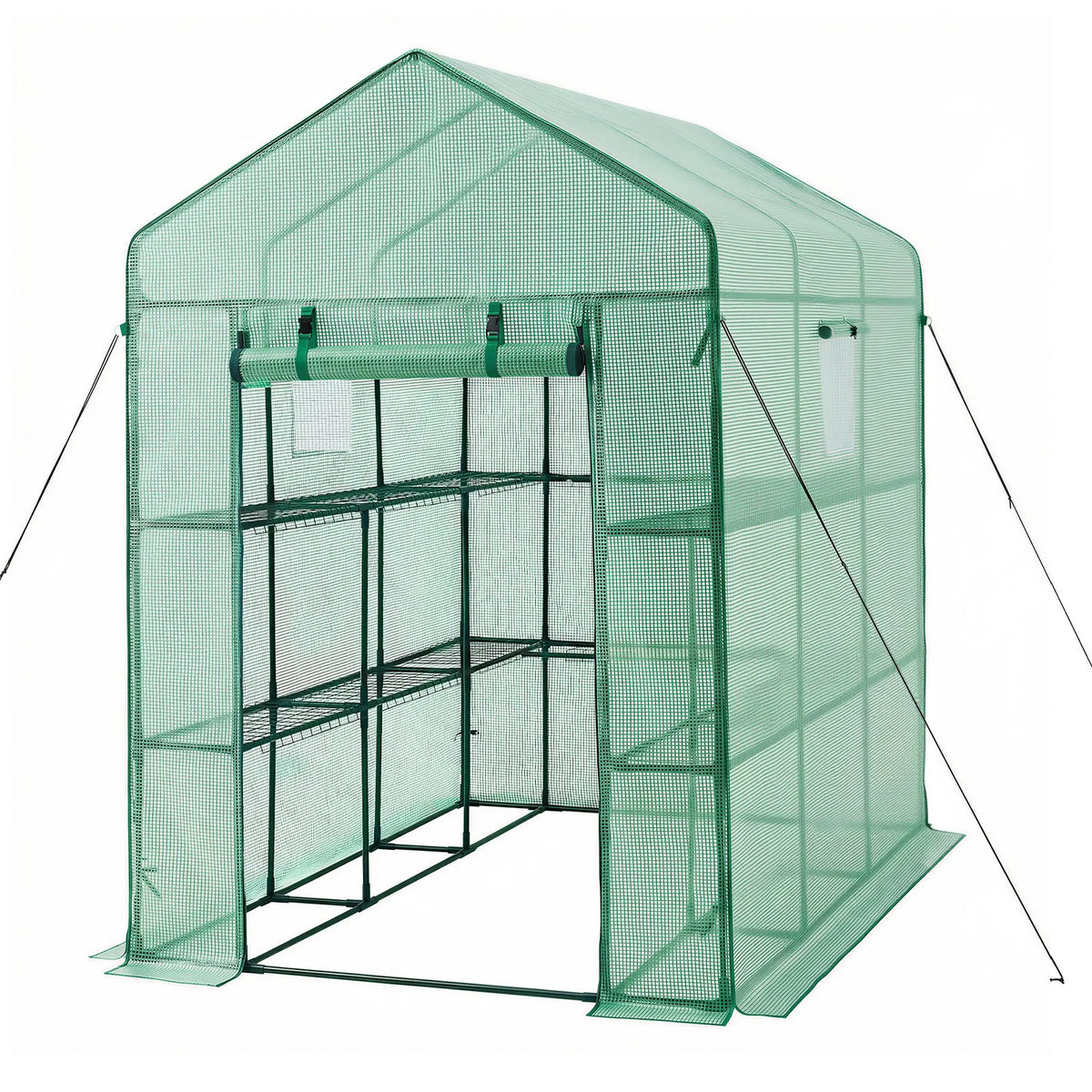 VEVOR ieejama siltumnīca 137 x 206 x 196 cm ar logiem, PE pārklājums, 2 līmeņi ar 14 plauktiem, rullējamas durvis ar rāvējslēdzēju, pārnēsājama dārza siltumnīca augiem, āra lietošanai - ZEMLETES.LV