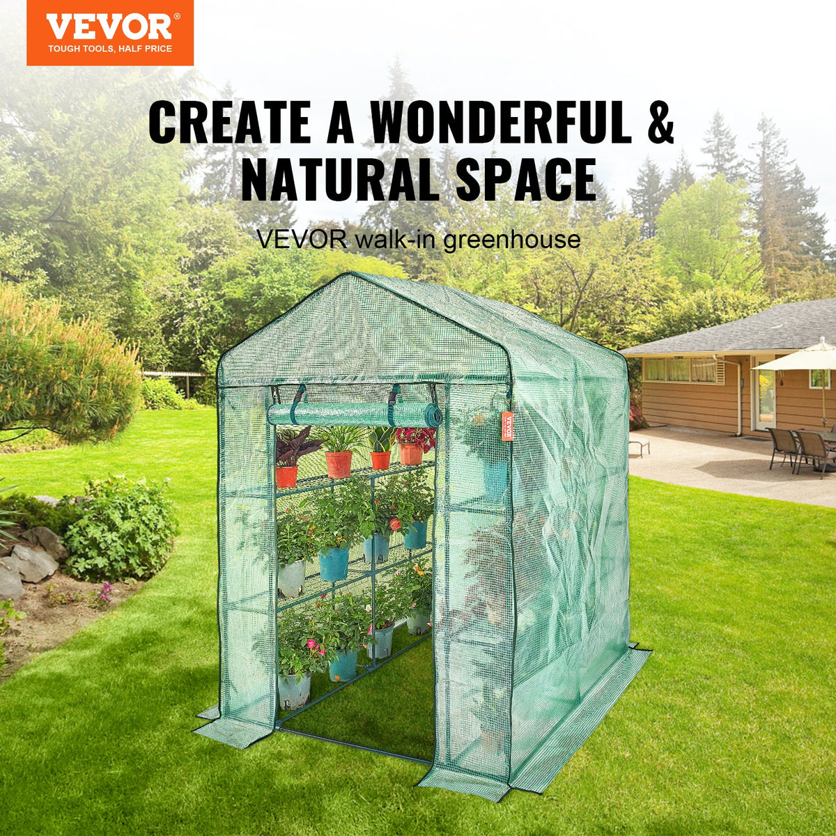 VEVOR siltumnīca 1,40 x 1,40 x 2,00 м, узстадама дажу минушу лайка, аугстас стиприбас ПЭ парсегс ар дурвим ун лоджием ун ар пульверкрасоту теруда рами, пьемэротс стадишанай и узглабашанай, заля