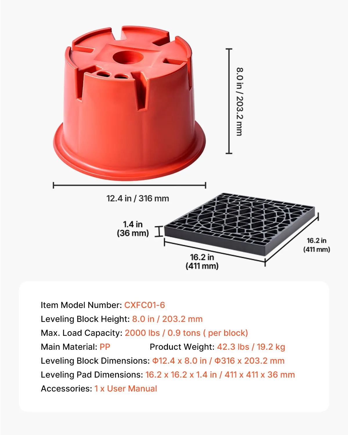 VEVOR Trailer Jack Pad Set, 203 mm Height, 907 kg Load Capacity, 8 Piece Camper Levelling Kit – 6 Levelling Blocks and 2 Pads, Suitable for Travel Trailers, Fifth Wheel Trailers and Class A/C RVs