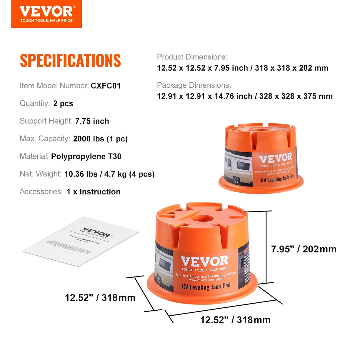 VEVOR RV Jack Support Blocks 2 pcs, 907 kg Load Capacity Each, Polypropylene Stabilisation Supports for Motorhomes, Trailers and Fifth Wheel Trailers