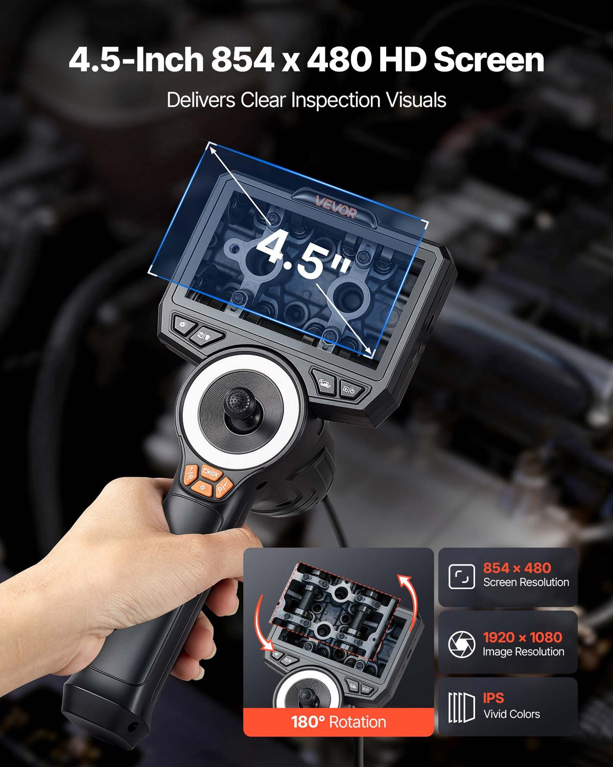 VEVOR Articulating Borescope with 3.9 mm Ultra-Thin Probe, 4-Way 360° Endoscope with Illumination, 11.4 cm HD IPS Screen, 8× Zoom and 1.5 m Cable for Auto and Narrow Mechanical Joint Inspection