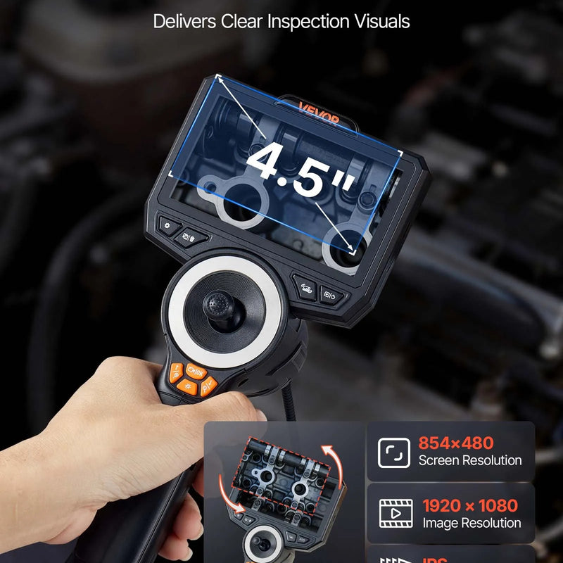 VEVOR artikulējamais endoskops ar apgaismojumu, 4 virzienu 360° boreskops ar 4,5" IPS ekrānu, 1920 × 1080 Full HD kameru, 8× tālummaiņu, IP67 ūdensizturību un 1,5 m kabeli, auto diagnostikai un cauruļvadu pārbaudei