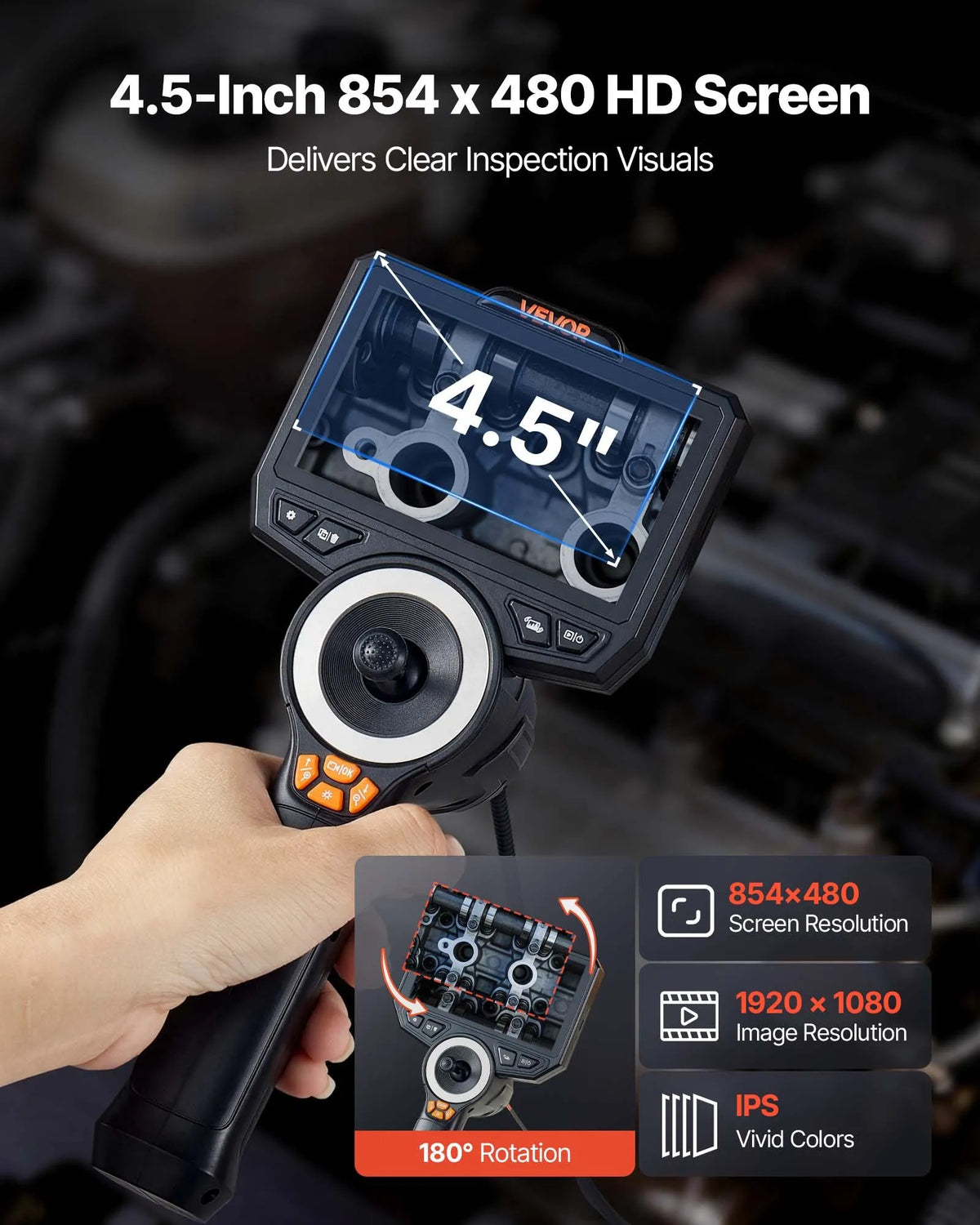 VEVOR artikulējamais endoskops ar apgaismojumu, 4 virzienu 360° boreskops ar 4,5" IPS ekrānu, 1920 × 1080 Full HD kameru, 8× tālummaiņu, IP67 ūdensizturību un 1,5 m kabeli, auto diagnostikai un cauruļvadu pārbaudei