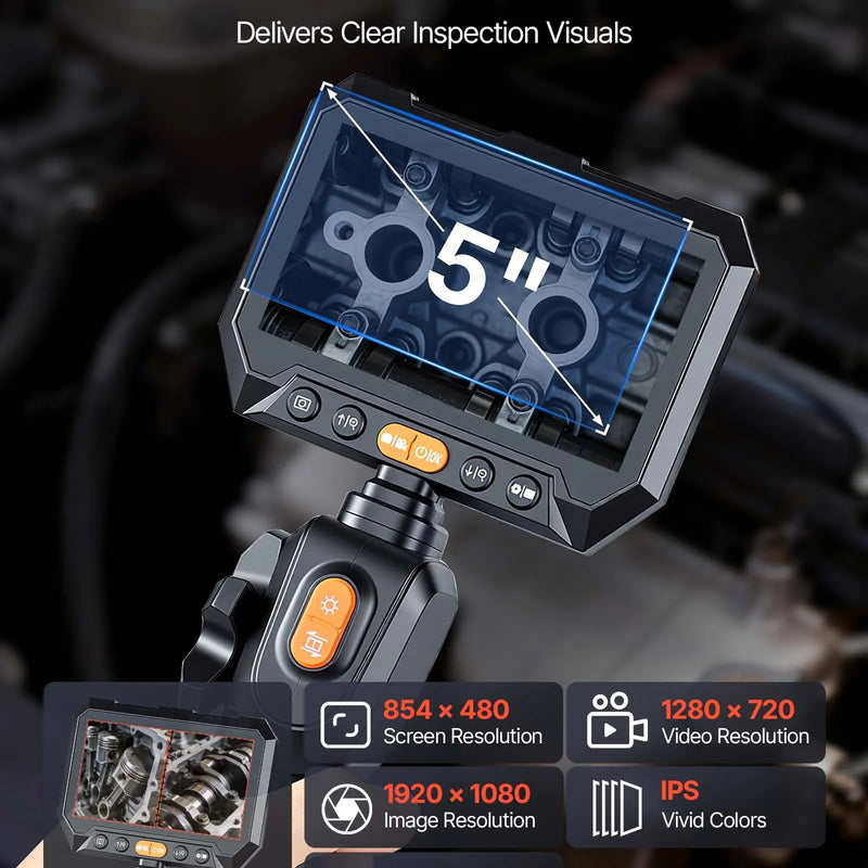 VEVOR divu kameru artikulējamais boreskops ar apgaismojumu, divvirzienu endoskops ar 6,2 mm zondi, 12,7 cm HD IPS dalītā ekrāna displeju, 8× tālummaiņu, IP67 ūdensizturību un 1,5 m kabeli auto un mehānisko iekārtu pārbaudei