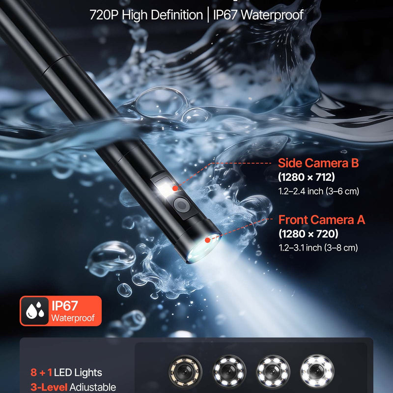 VEVOR 360° rotējošs endoskops ar divām kamerām, 12,7 cm HD IPS dalītā ekrāna displejs, 8 mm kamera ar apgaismojumu, IP67, 5 m inspekcijas kabelis automobiļiem un cauruļvadiem