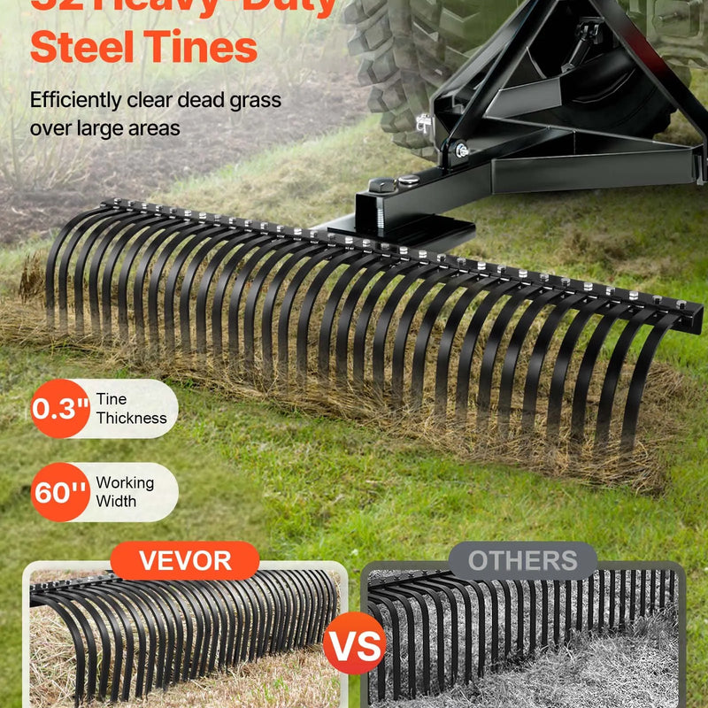 VEVOR piekabināms zāliena skarifikators, 1525 mm darba platums, ar 32 tērauda zariem, trīspunktu zāliena skarifikatora grābeklis ar stiprinājumiem traktoram, ainavu grābeklis dārzam, saimniecībai un zālienam