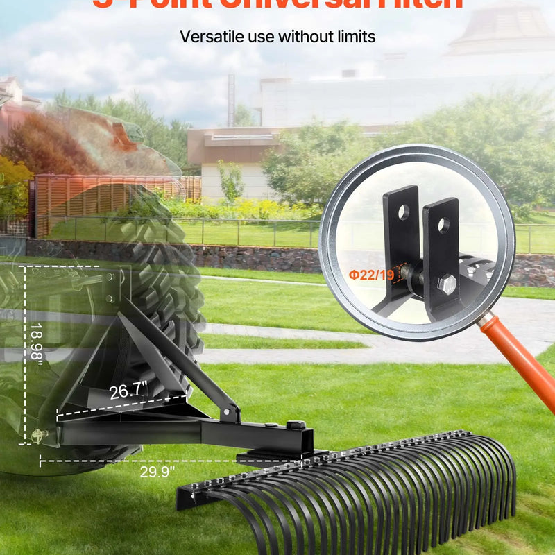 VEVOR piekabināms zāliena skarifikators, 1525 mm darba platums, ar 32 tērauda zariem, trīspunktu zāliena skarifikatora grābeklis ar stiprinājumiem traktoram, ainavu grābeklis dārzam, saimniecībai un zālienam