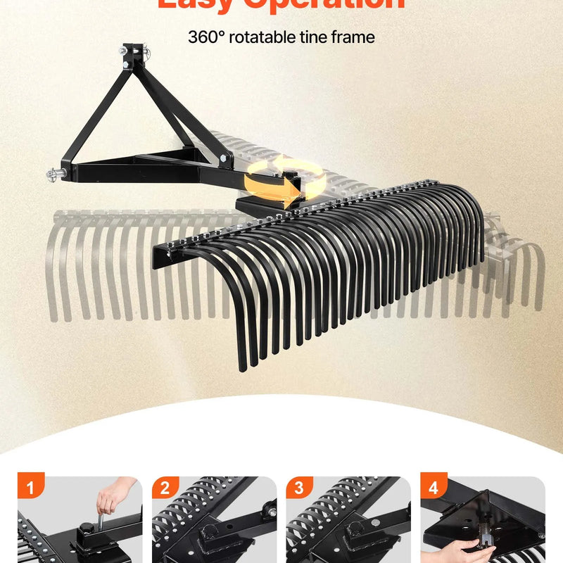 VEVOR piekabināms zāliena skarifikators, 1525 mm darba platums, ar 32 tērauda zariem, trīspunktu zāliena skarifikatora grābeklis ar stiprinājumiem traktoram, ainavu grābeklis dārzam, saimniecībai un zālienam