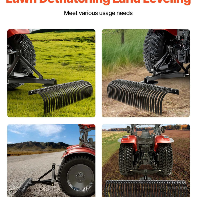 VEVOR piekabināms zāliena skarifikators, 1525 mm darba platums, ar 32 tērauda zariem, trīspunktu zāliena skarifikatora grābeklis ar stiprinājumiem traktoram, ainavu grābeklis dārzam, saimniecībai un zālienam