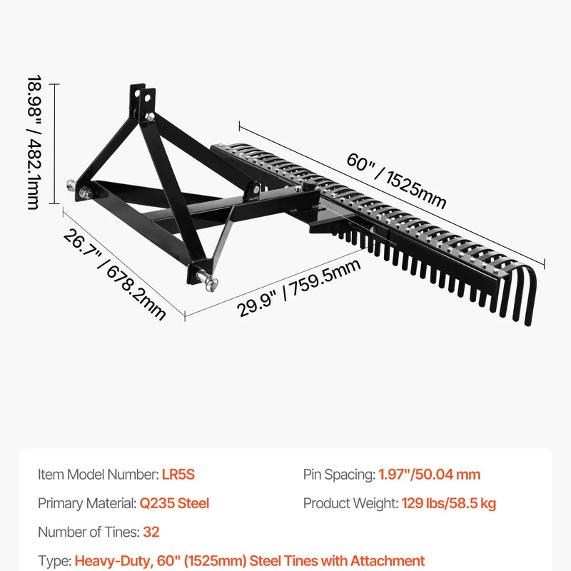 VEVOR piekabināms zāliena skarifikators, 1525 mm darba platums, ar 32 tērauda zariem, trīspunktu zāliena skarifikatora grābeklis ar stiprinājumiem traktoram, ainavu grābeklis dārzam, saimniecībai un zālienam