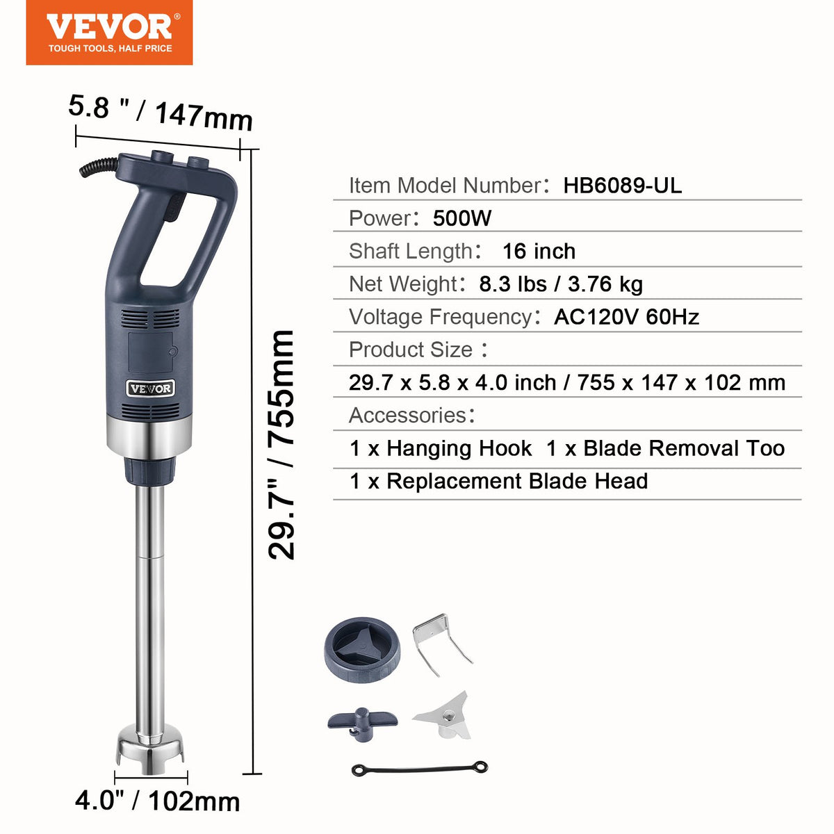 VEVOR Commercial Immersion Blender 500 W for Soups and Sauces