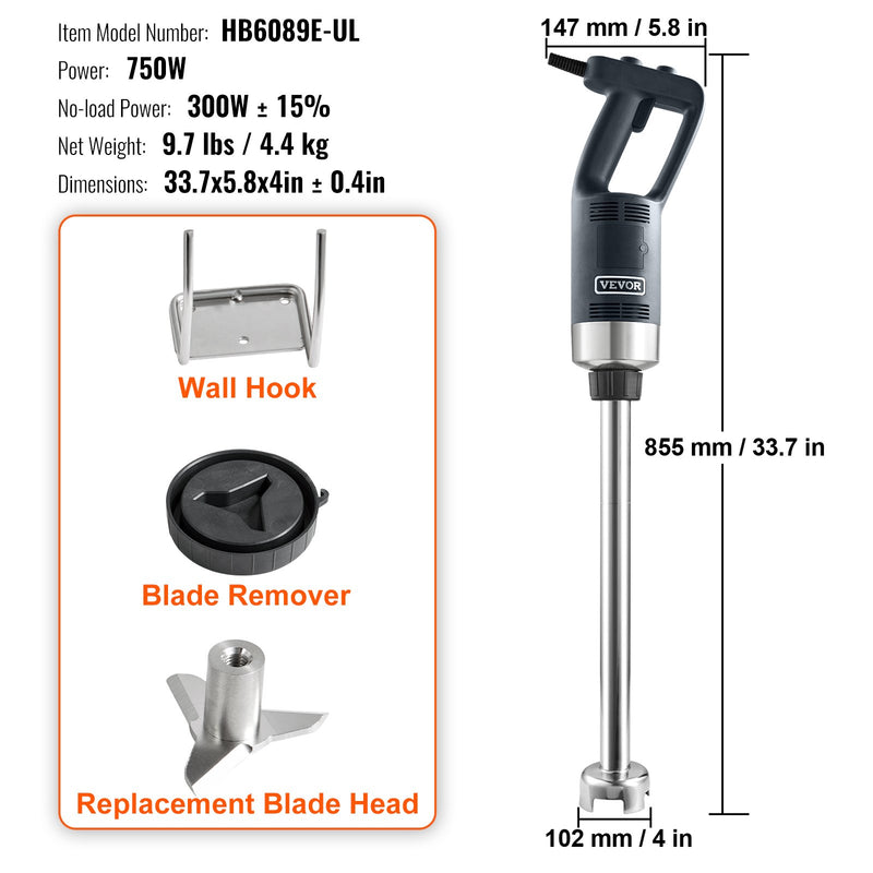 VEVOR komerciālais iegremdējamais blenderis, 750 W, 50 cm, maināms ātrums