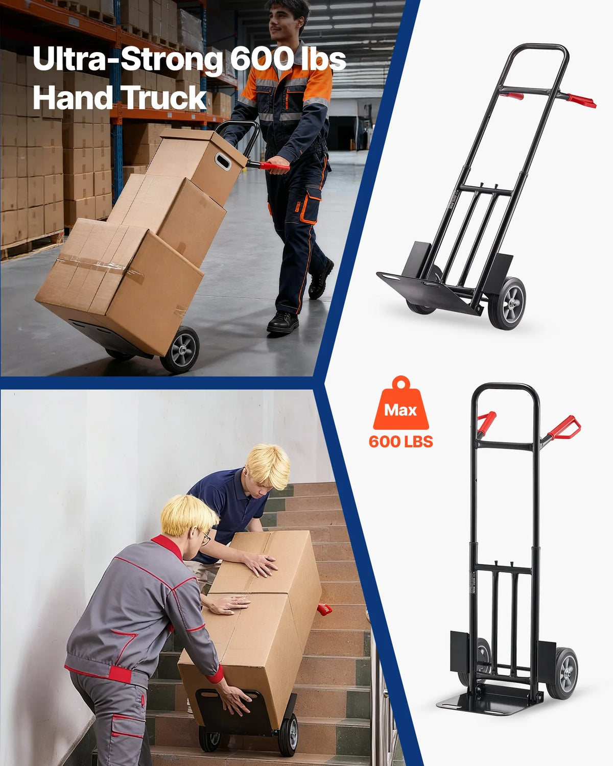 VEVOR Hand Truck, 272 kg Load Capacity, Heavy-Duty Dolly with Wheels and Telescopic Handle, Portable Trolley with Securing Straps for Moving Tasks at Home, Office, Warehouse and Supermarket