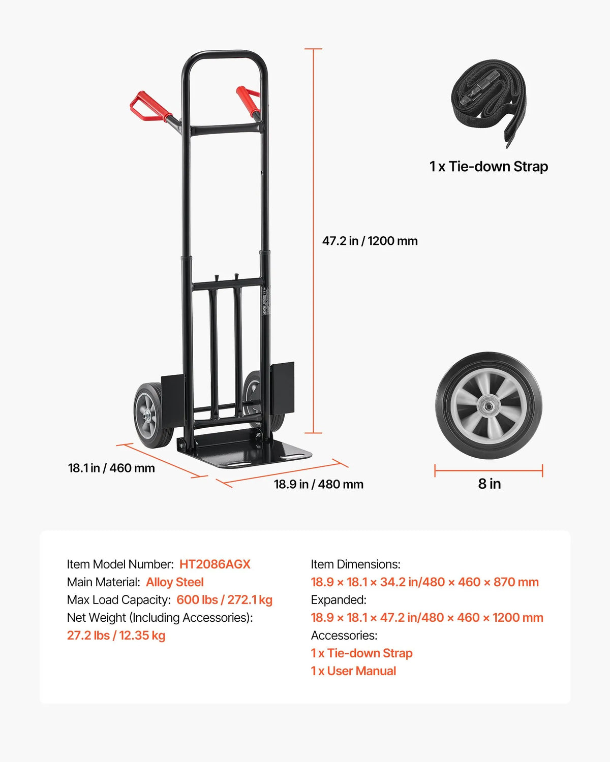 VEVOR Hand Truck, 272 kg Load Capacity, Heavy-Duty Dolly with Wheels and Telescopic Handle, Portable Trolley with Securing Straps for Moving Tasks at Home, Office, Warehouse and Supermarket