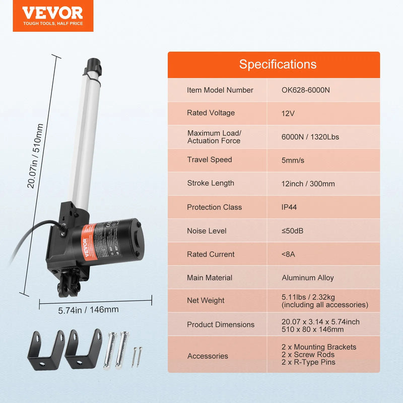 VEVOR lineārais aktuators 12 V 30 cm smagas slodzes 6000 N 5 mm/s IP44 aizsardzība