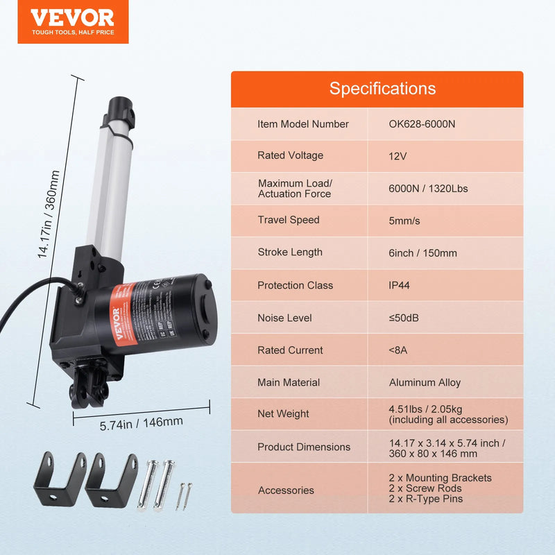 VEVOR lineārais aktuators 12 V 15,2 cm smagas slodzes 598,8 kg 6000 N 0,5 cm/s IP44 aizsardzība