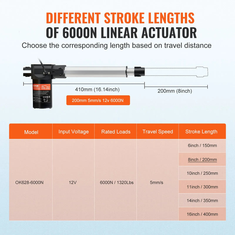VEVOR lineārais aktuators 12 V, gājiens 20,3 cm, lielas slodzes aktuators līdz 598,8 kg/6000 N, ātrums 5 mm/s, IP44 aizsardzība