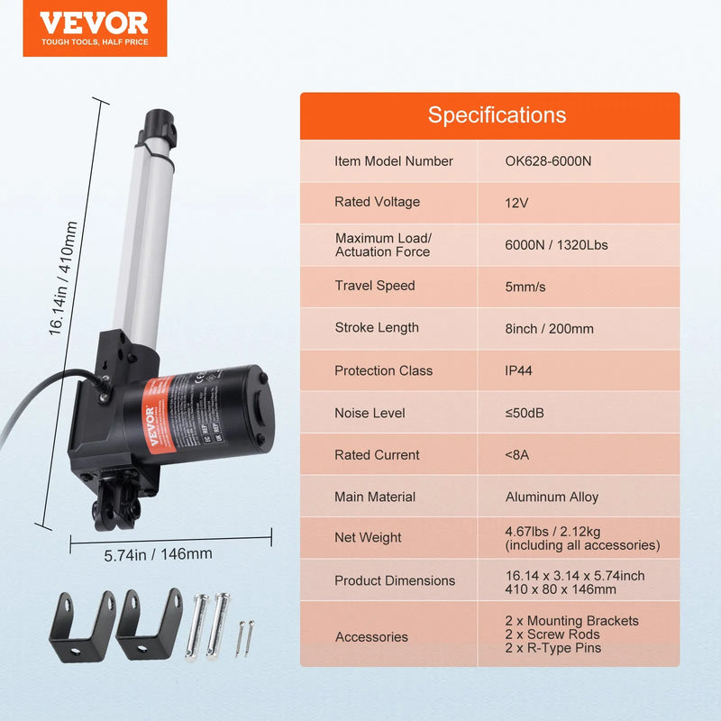 VEVOR lineārais aktuators 12 V, gājiens 20,3 cm, lielas slodzes aktuators līdz 598,8 kg/6000 N, ātrums 5 mm/s, IP44 aizsardzība