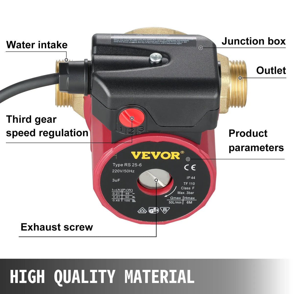 VEVOR Hot Water Circulation Pump 15 mm, Flow up to 20 l/min, Power 90 W, 220 V Water Booster Pump for Home Shower, Washing Machine and Sanitary Fixtures