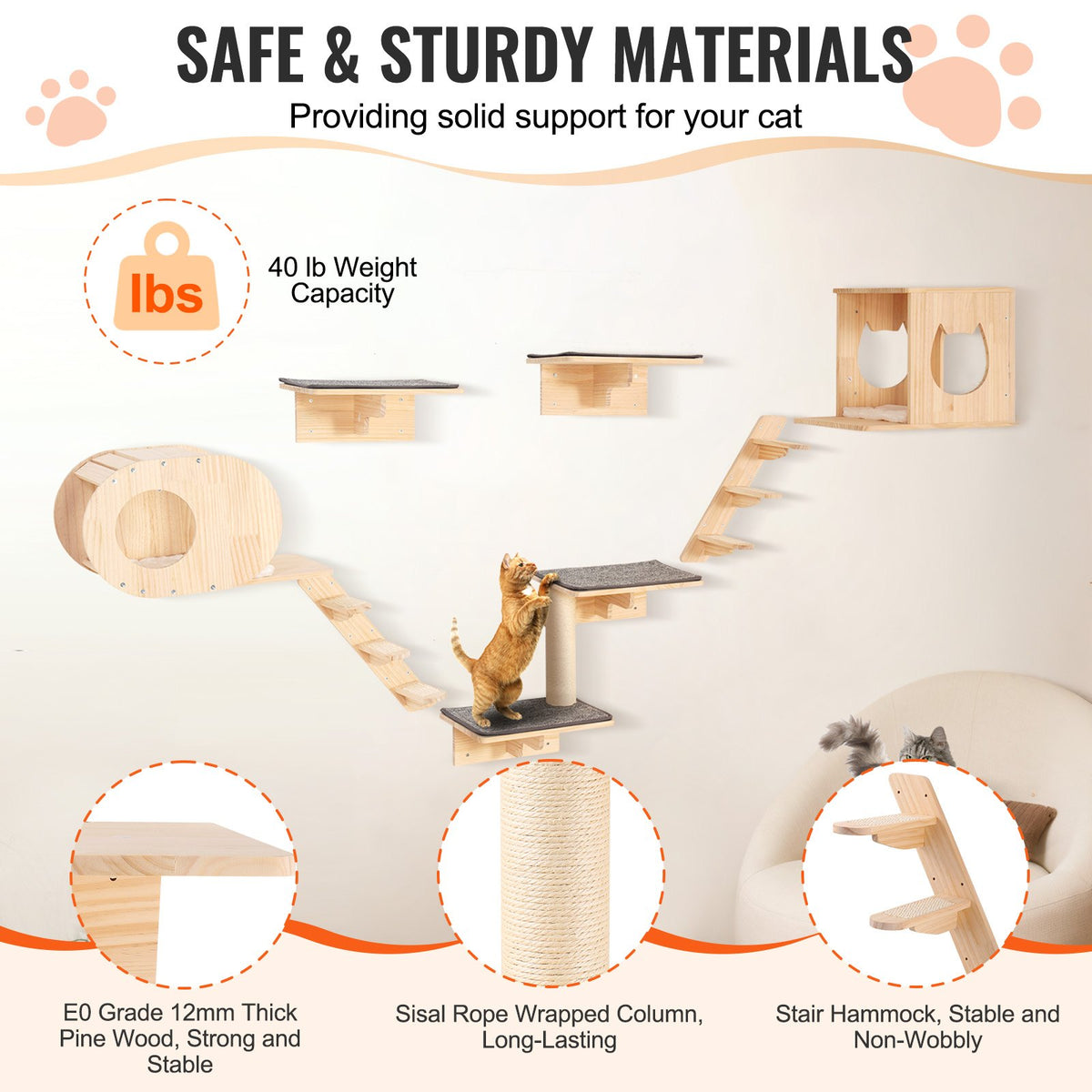VEVOR Wall Cat Shelf Set with Bed, Hammock and Climbing Elements, 7 pcs