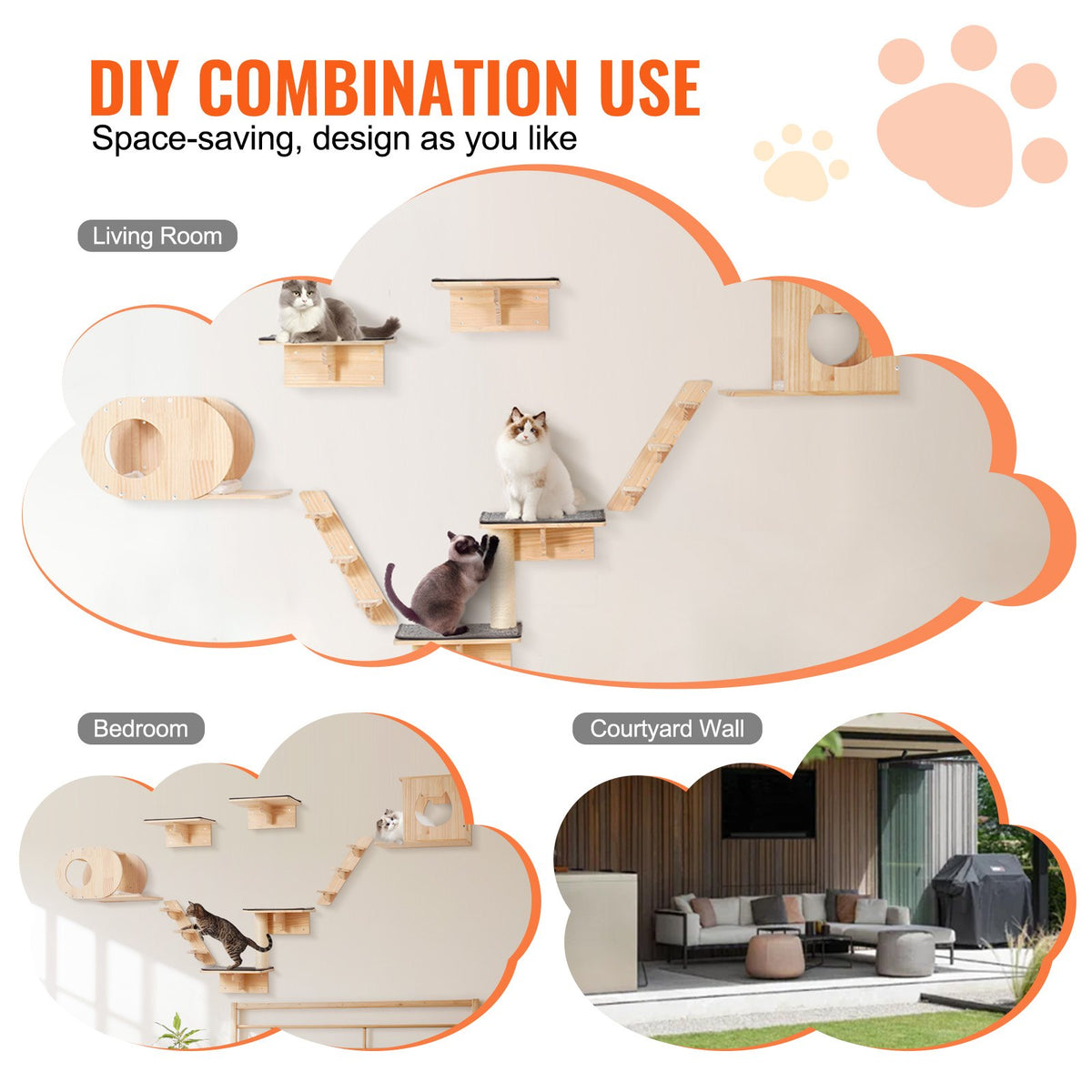 VEVOR Wall Cat Shelf Set with Bed, Hammock and Climbing Elements, 7 pcs