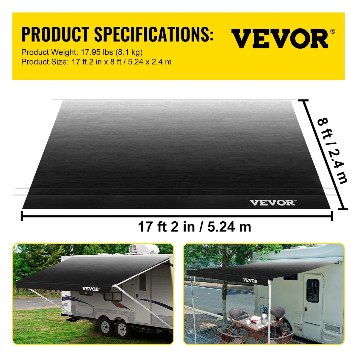 VEVOR RV markīzes audums 5,23 m, rezerves audums 5,23 m markīzēm līdz 5,49 m, ūdensizturīgs premium vinils, universāls kemperiem, piekabēm un dzīvojamajiem automobiļiem, pelēks (Charcoal Fade)