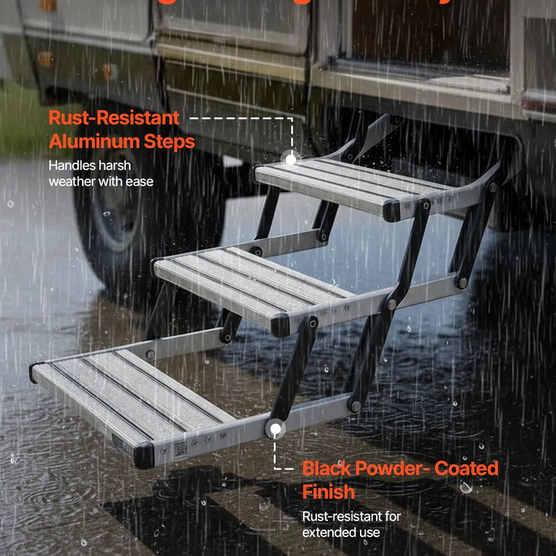 VEVOR RV kāpnes 3 pakāpieni, 200 kg nestspēja, manuāli izvelkamas teleskopiskas salokāmas alumīnija sakausējuma kāpnes ar tērauda rāmi, neslīdošas ieejas kāpnes kemperim un piekabei - ZEMLETES.LV