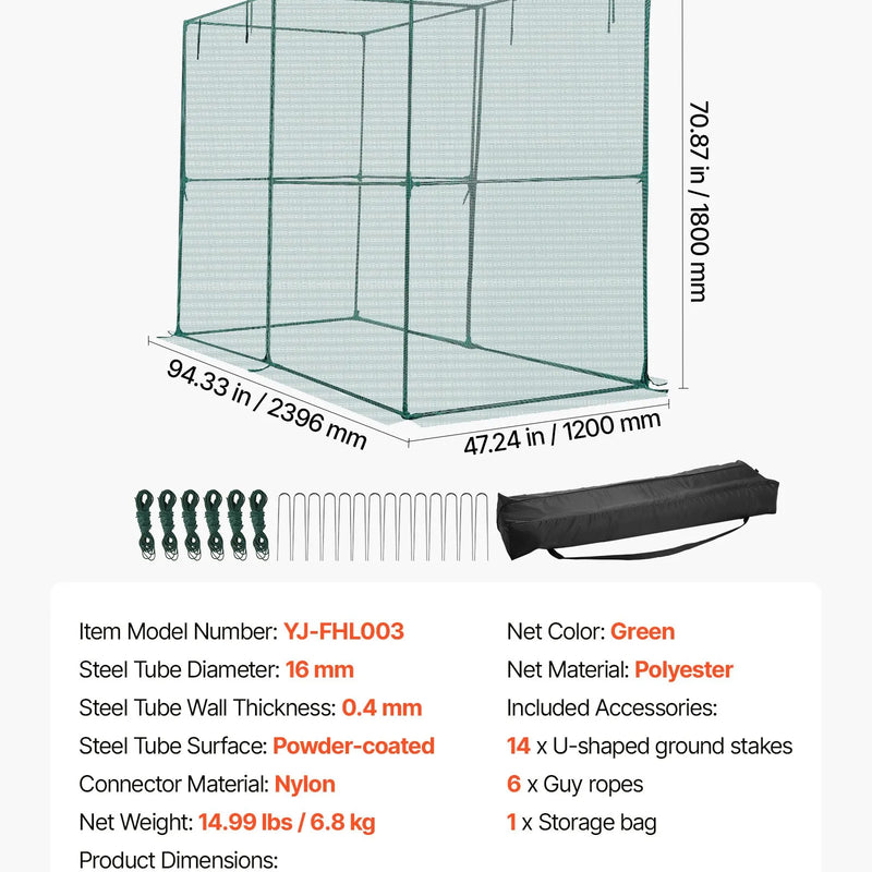 VEVOR augu aizsargbūris 2,39 × 1,2 × 1,8 m ar rāvējslēdzēja durvīm, pretvēja augu aizsardzības telts paaugstinātām dobēm, tomātu aizsargtīkls dārzam un pagalmam