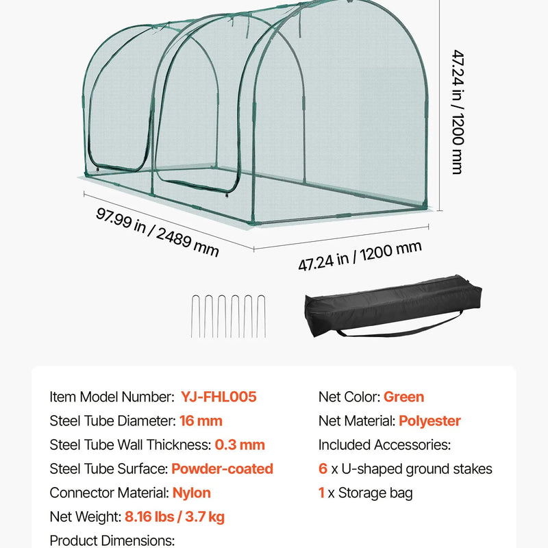 VEVOR augu aizsargbūris 2,48 x 1,2 x 1,2 m ar rāvējslēdzēja durvīm, vēja izturīgs paaugstinātas dobes pārsegs ar rāmi un aizsargtīklu dārzam, terasei un zālienam