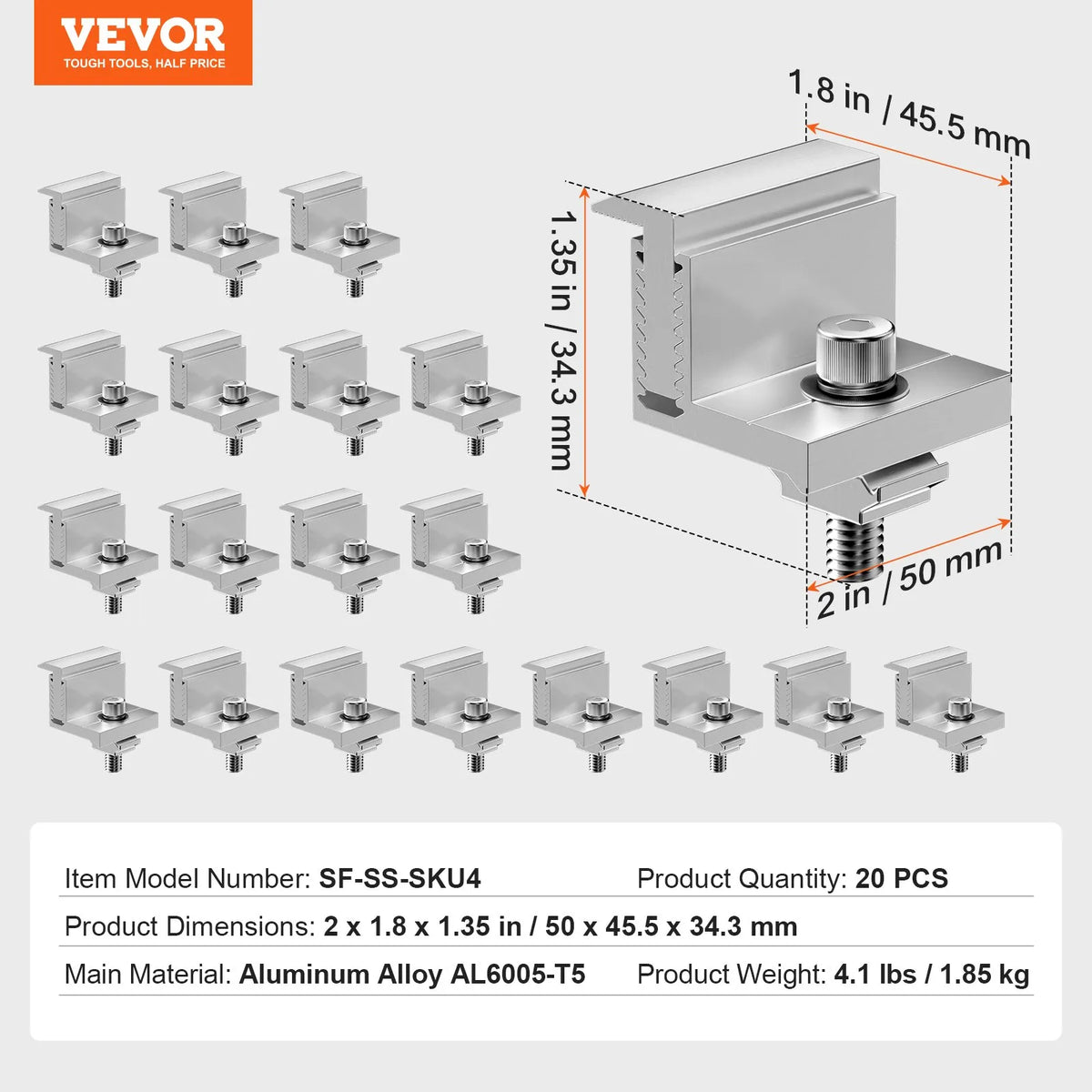 VEVOR Solar Panel Z-Type Mounting Brackets with Adjustable End Clamps 35–50 mm, Anodised Aluminium Brackets for Campers, Trailers, Boats, Walls and Roofs (20 pcs)
