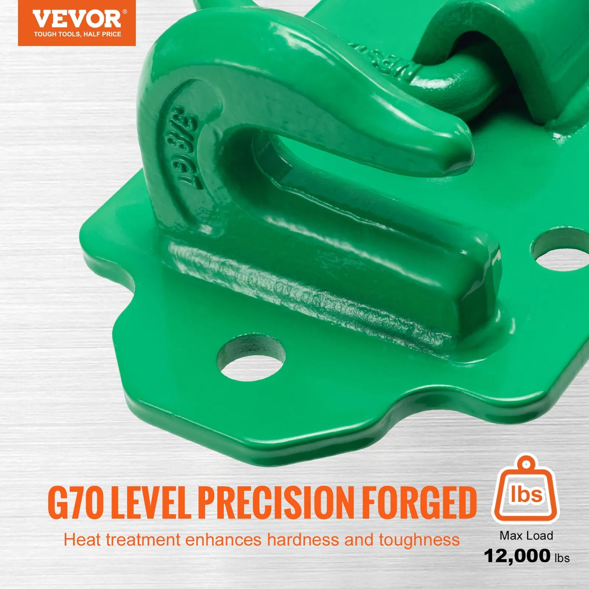 VEVOR traktora kausa āķi 9,5 mm ar stiprinājuma gredzeniem 2 gab. no G70 kalta tērauda ar atbalsta plāksnēm, pārrāvuma izturība līdz 6804 kg, piemēroti traktoriem, UTV, kravas auto un kemperiem, zaļi - ZEMLETES.LV