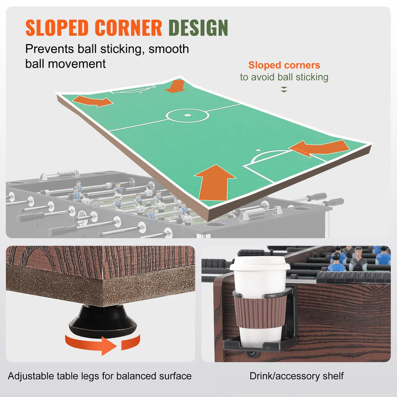VEVOR galda futbola galds 122 cm, pilna izmēra iekštelpu modelis mājai un spēļu telpai, komplektā 2 bumbiņas un 2 dzērienu turētāji