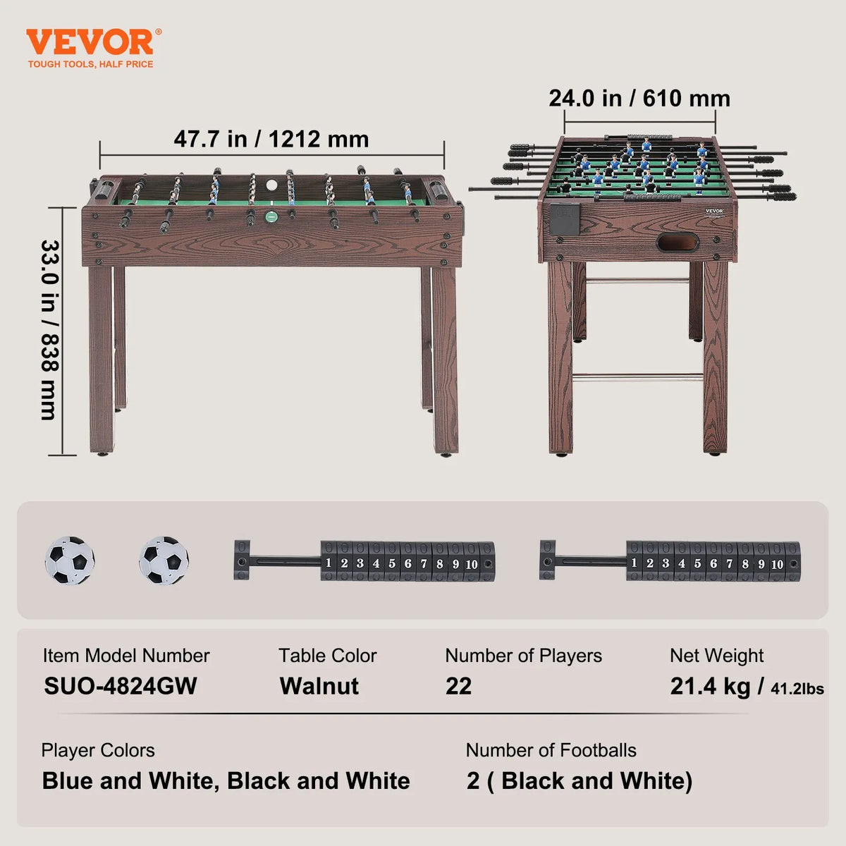 VEVOR Foosball Table 122 cm with 2 Balls and 2 Cup Holders