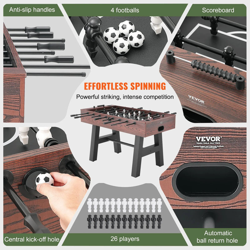 VEVOR galda futbola galds 140 cm, pilna izmēra iekštelpu modelis mājai un spēļu telpai, komplektā 4 bumbiņas un 2 dzērienu turētāji