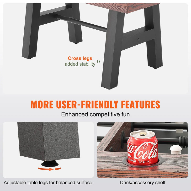 VEVOR galda futbola galds 140 cm, pilna izmēra iekštelpu modelis mājai un spēļu telpai, komplektā 4 bumbiņas un 2 dzērienu turētāji